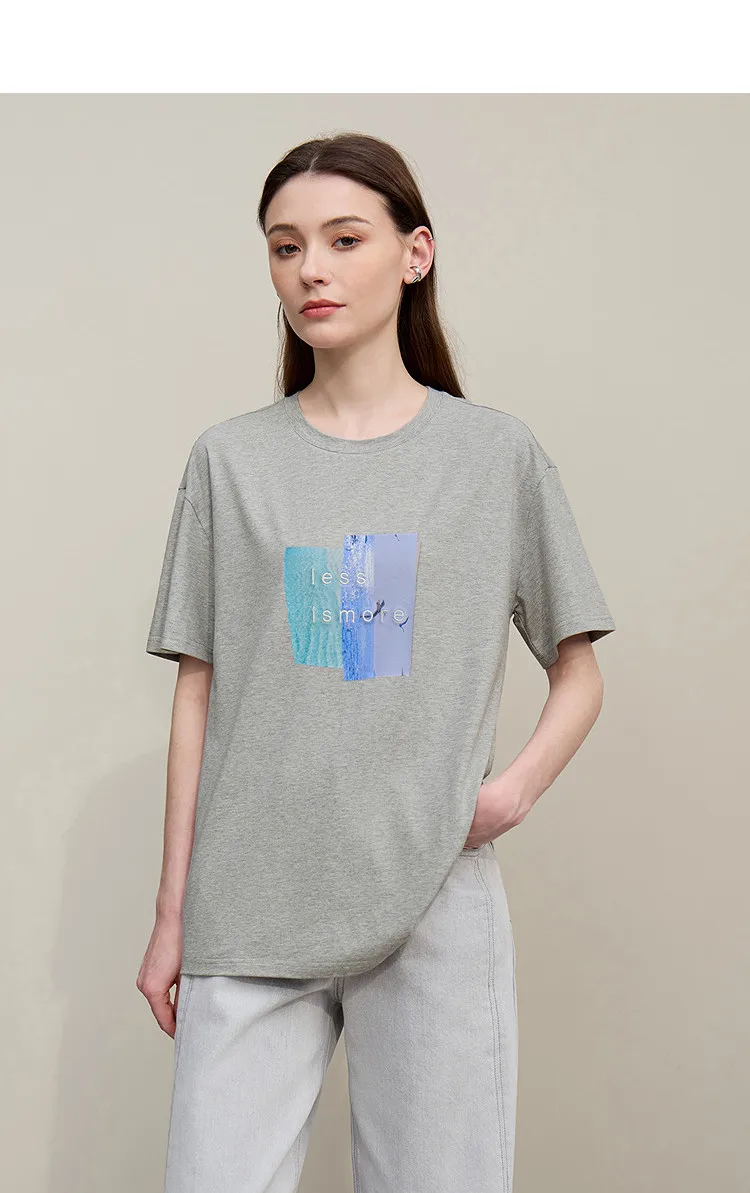 Amii Women's Tee Shirt 2026 Summer New O-Neck Printed Embroidered Cotton T-shirt Drop Shoulder Short Sleeve Elastic Top 12642009