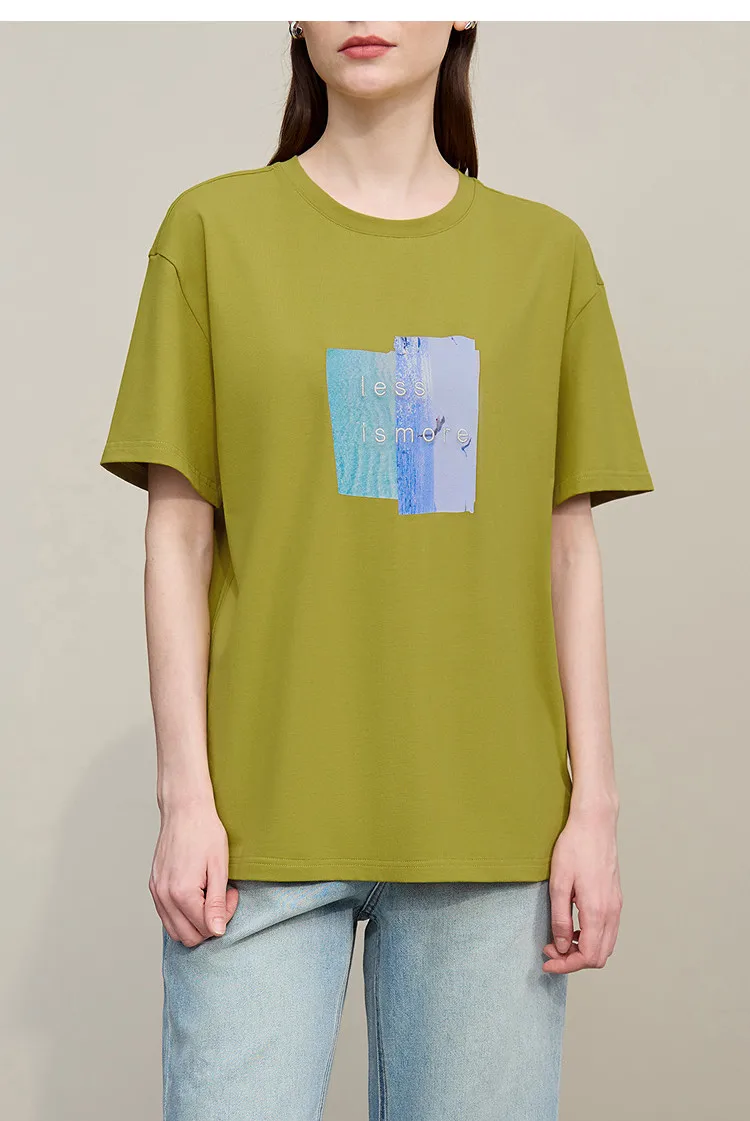 Amii Women's Tee Shirt 2026 Summer New O-Neck Printed Embroidered Cotton T-shirt Drop Shoulder Short Sleeve Elastic Top 12642009
