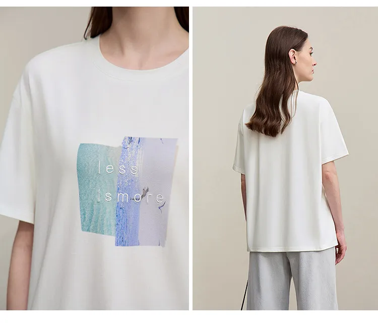 Amii Women's Tee Shirt 2026 Summer New O-Neck Printed Embroidered Cotton T-shirt Drop Shoulder Short Sleeve Elastic Top 12642009