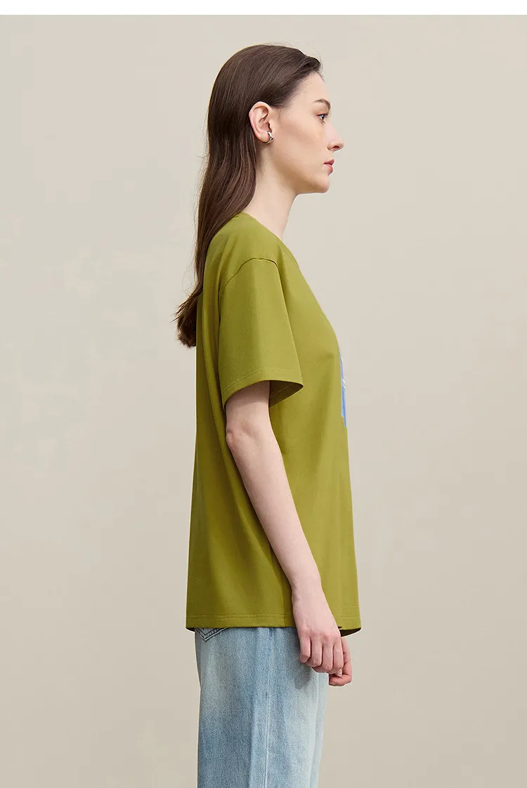 Amii Women's Tee Shirt 2026 Summer New O-Neck Printed Embroidered Cotton T-shirt Drop Shoulder Short Sleeve Elastic Top 12642009