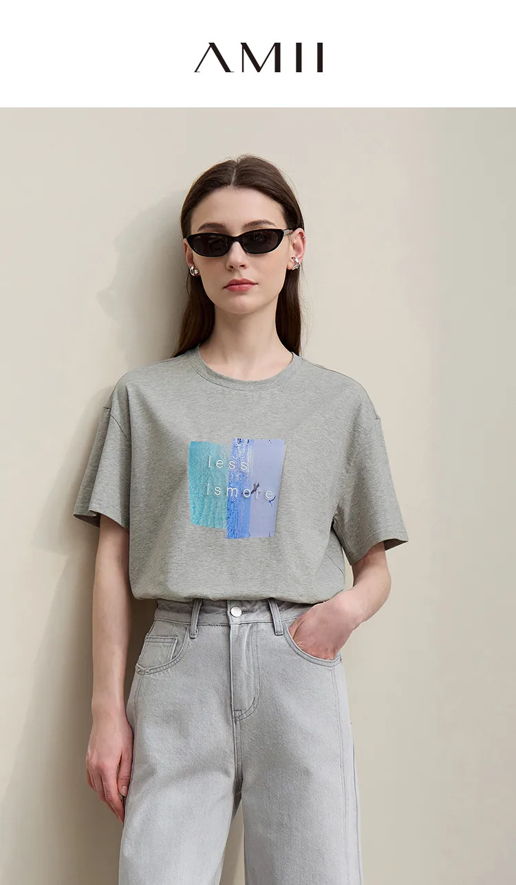 Amii Women's Tee Shirt 2026 Summer New O-Neck Printed Embroidered Cotton T-shirt Drop Shoulder Short Sleeve Elastic Top 12642009
