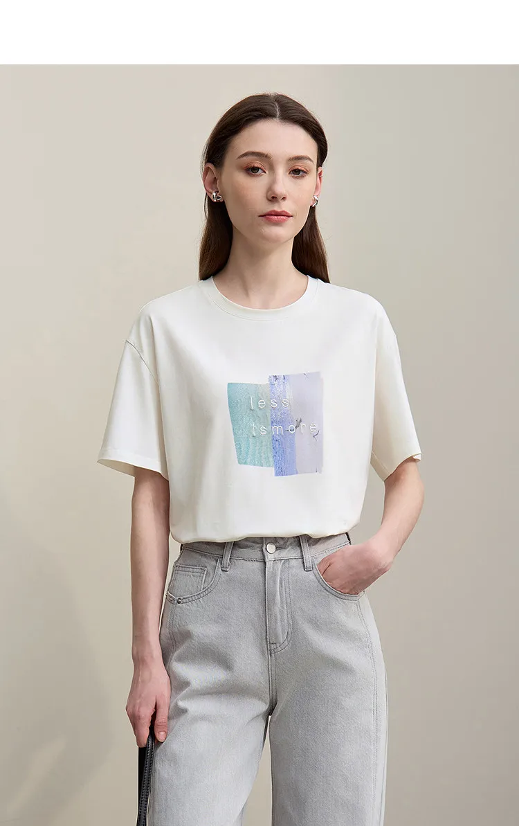 Amii Women's Tee Shirt 2026 Summer New O-Neck Printed Embroidered Cotton T-shirt Drop Shoulder Short Sleeve Elastic Top 12642009