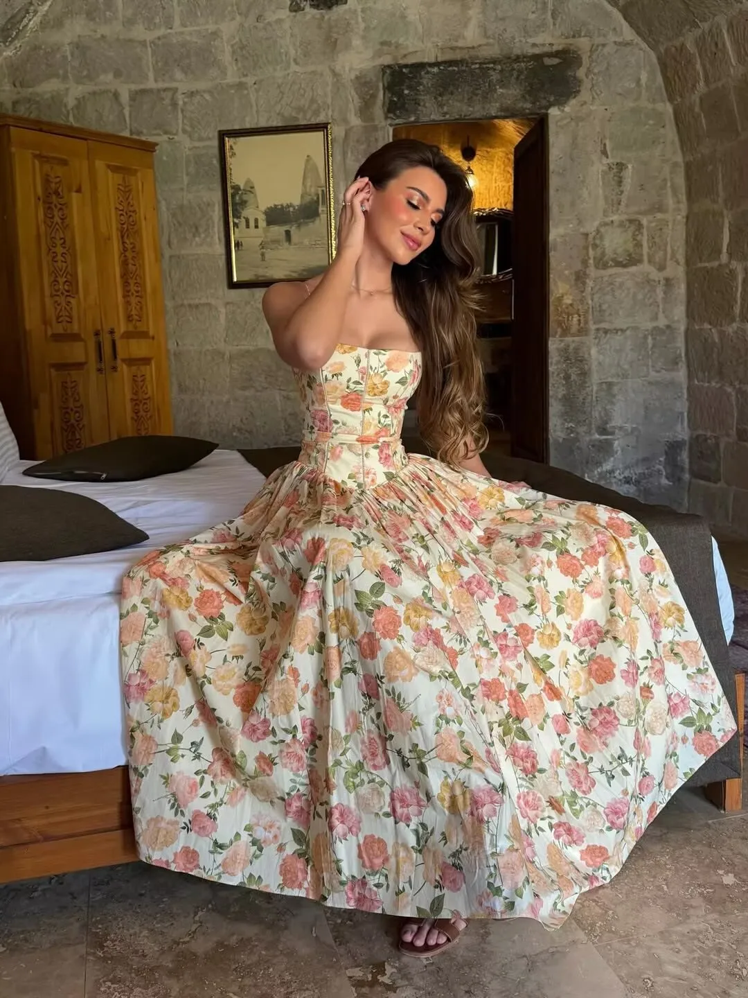 YENKYE Summer 2026 Women's Floral Print Corset Spaghetti Strap A-Line Maxi Dress Casual Beach Boho Vacation Dresses
