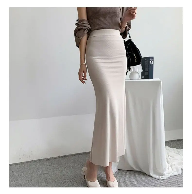Elegant Summer Long Skirts Women Fashion High Waist Elastic Korean Y2k Clothes Casual Slim Ladies Mid Length Pink Black Skirt