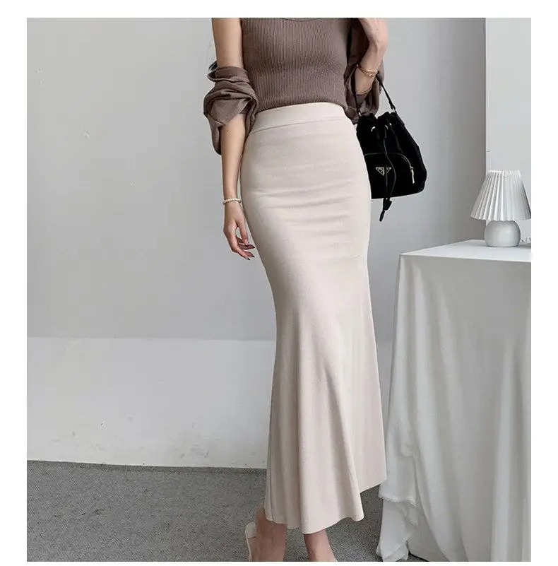 Elegant Summer Long Skirts Women Fashion High Waist Elastic Korean Y2k Clothes Casual Slim Ladies Mid Length Pink Black Skirt