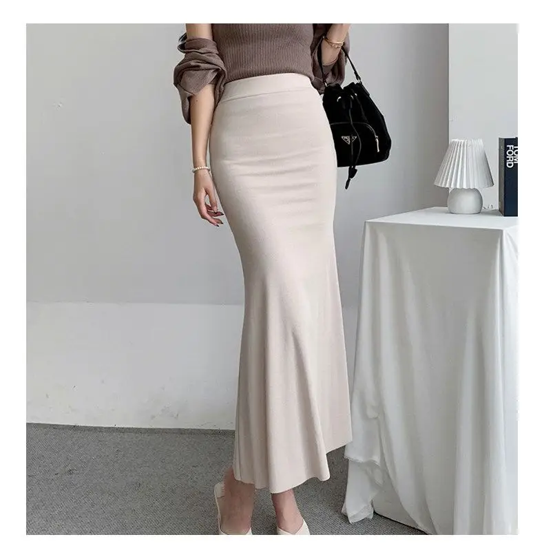 Elegant Summer Long Skirts Women Fashion High Waist Elastic Korean Y2k Clothes Casual Slim Ladies Mid Length Pink Black Skirt