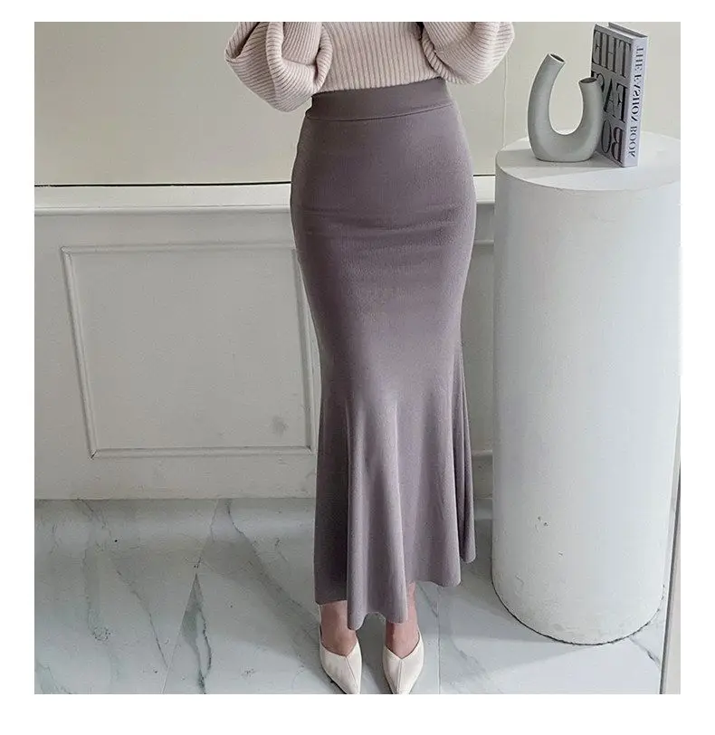 Elegant Summer Long Skirts Women Fashion High Waist Elastic Korean Y2k Clothes Casual Slim Ladies Mid Length Pink Black Skirt