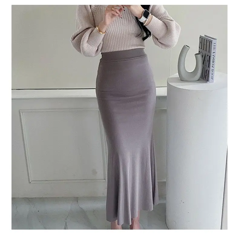 Elegant Summer Long Skirts Women Fashion High Waist Elastic Korean Y2k Clothes Casual Slim Ladies Mid Length Pink Black Skirt