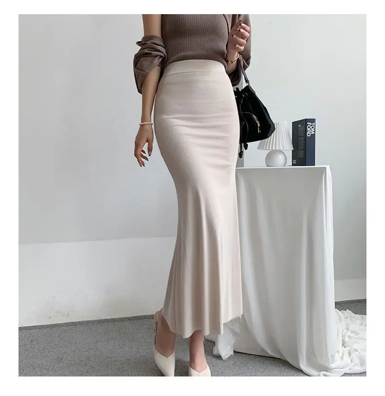 Elegant Summer Long Skirts Women Fashion High Waist Elastic Korean Y2k Clothes Casual Slim Ladies Mid Length Pink Black Skirt