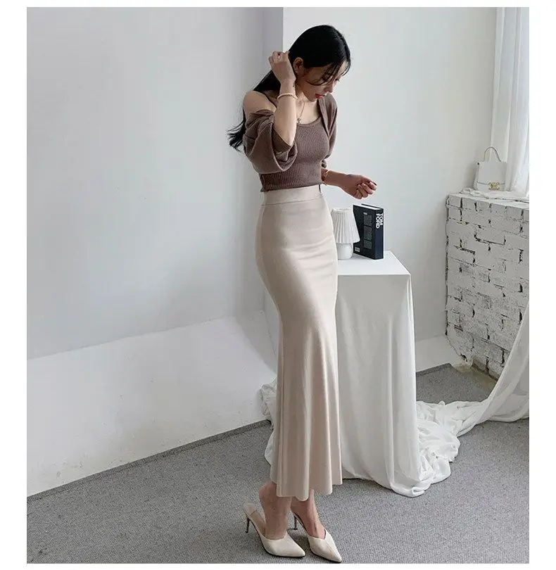 Elegant Summer Long Skirts Women Fashion High Waist Elastic Korean Y2k Clothes Casual Slim Ladies Mid Length Pink Black Skirt