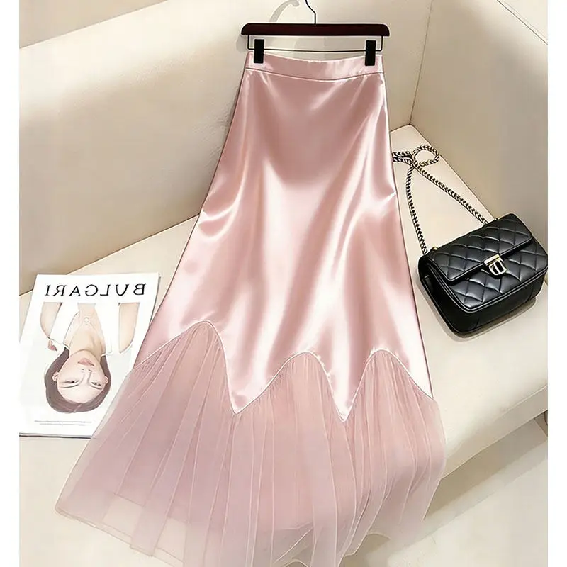 Women's Pink Satin Maxi Skirt High Waist Scalloped Hem Mesh Tulle Bodycon Marmaid Skirt Elegant French Vintage Formal Party Wear