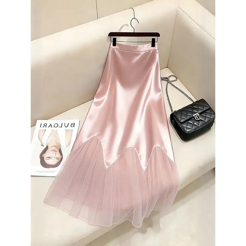 Women's Pink Satin Maxi Skirt High Waist Scalloped Hem Mesh Tulle Bodycon Marmaid Skirt Elegant French Vintage Formal Party Wear