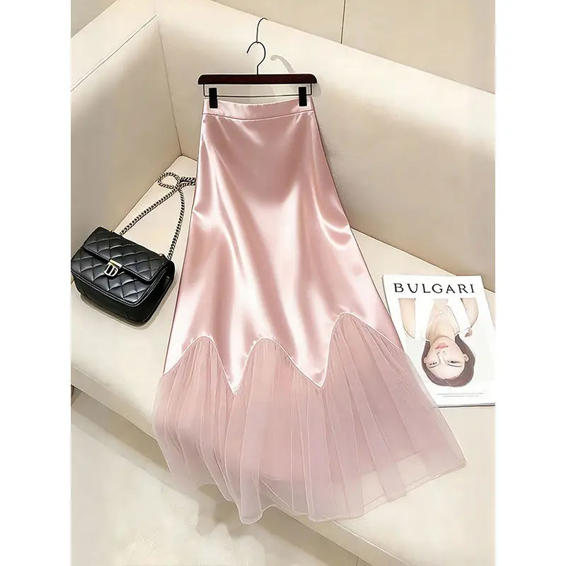 Women's Pink Satin Maxi Skirt High Waist Scalloped Hem Mesh Tulle Bodycon Marmaid Skirt Elegant French Vintage Formal Party Wear