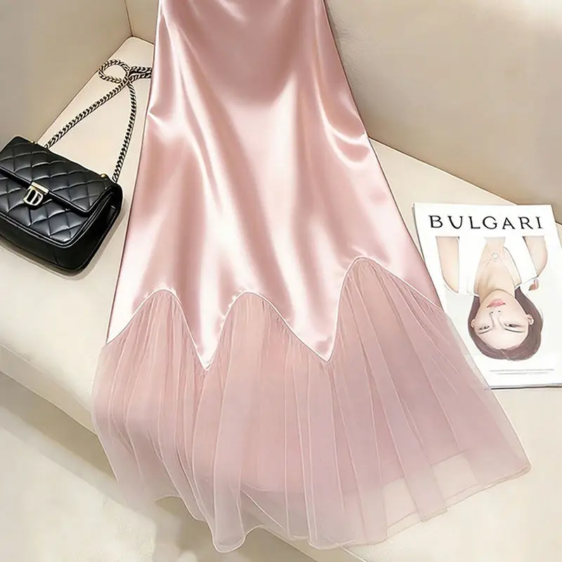 Women's Pink Satin Maxi Skirt High Waist Scalloped Hem Mesh Tulle Bodycon Marmaid Skirt Elegant French Vintage Formal Party Wear