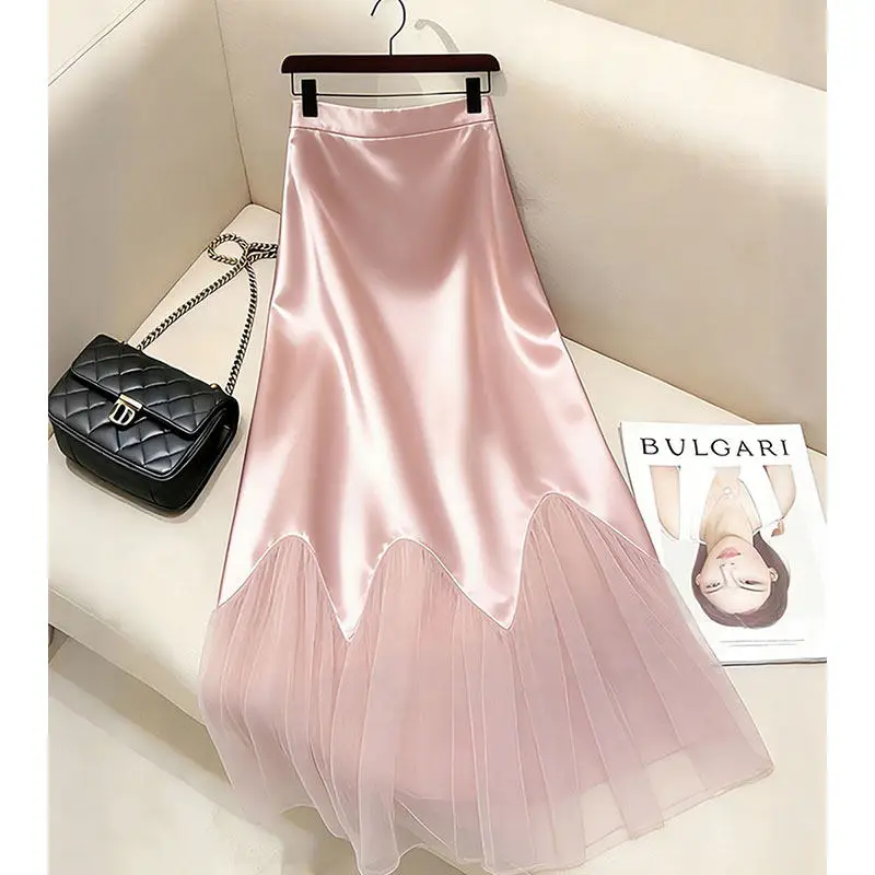 Women's Pink Satin Maxi Skirt High Waist Scalloped Hem Mesh Tulle Bodycon Marmaid Skirt Elegant French Vintage Formal Party Wear