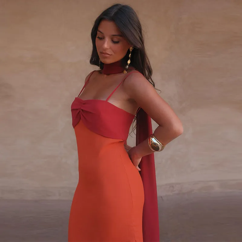 2026 Summer Elegant Maxi Slip Dress Twist Front Spaghetti Strap Slit Bohemian Wedding Guest Cocktail Party Vacation Women Gown