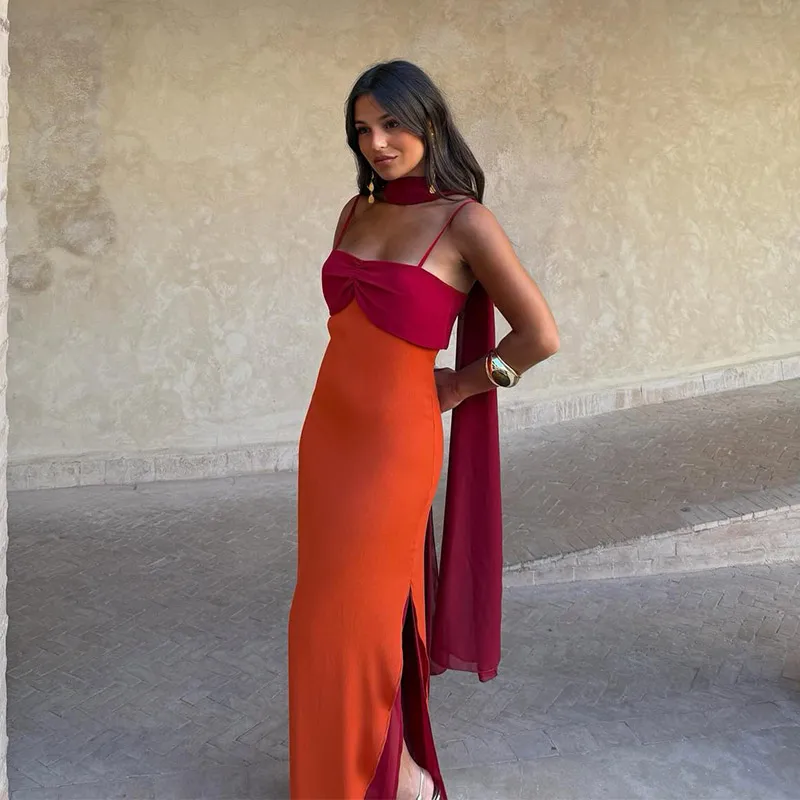 2026 Summer Elegant Maxi Slip Dress Twist Front Spaghetti Strap Slit Bohemian Wedding Guest Cocktail Party Vacation Women Gown