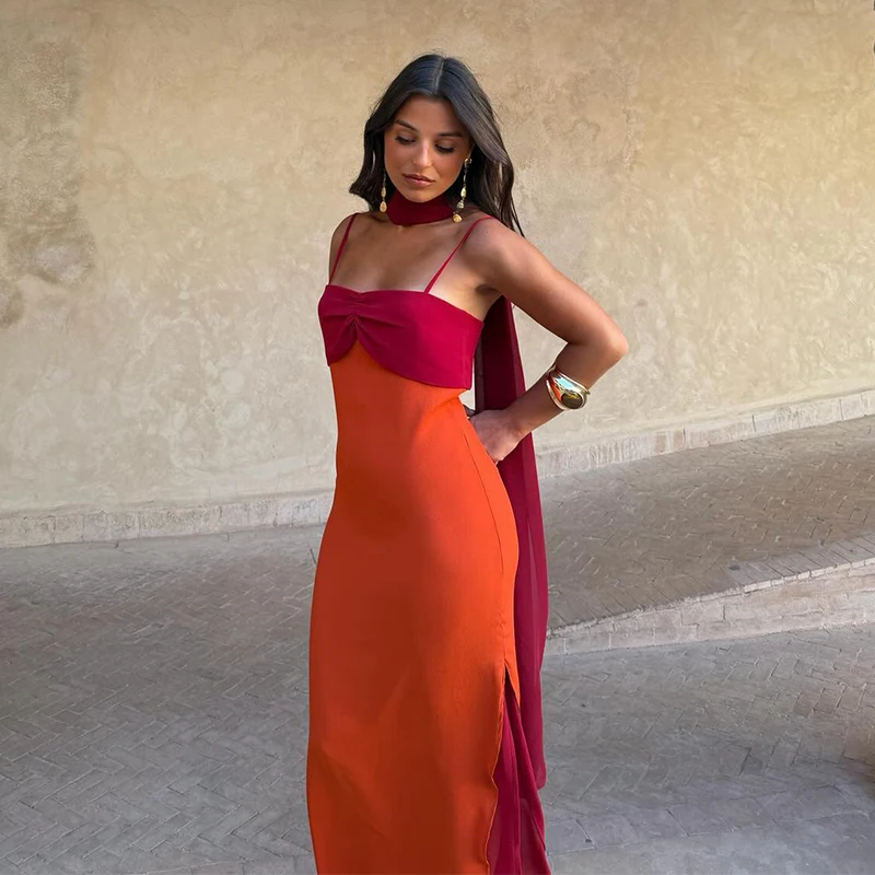 2026 Summer Elegant Maxi Slip Dress Twist Front Spaghetti Strap Slit Bohemian Wedding Guest Cocktail Party Vacation Women Gown