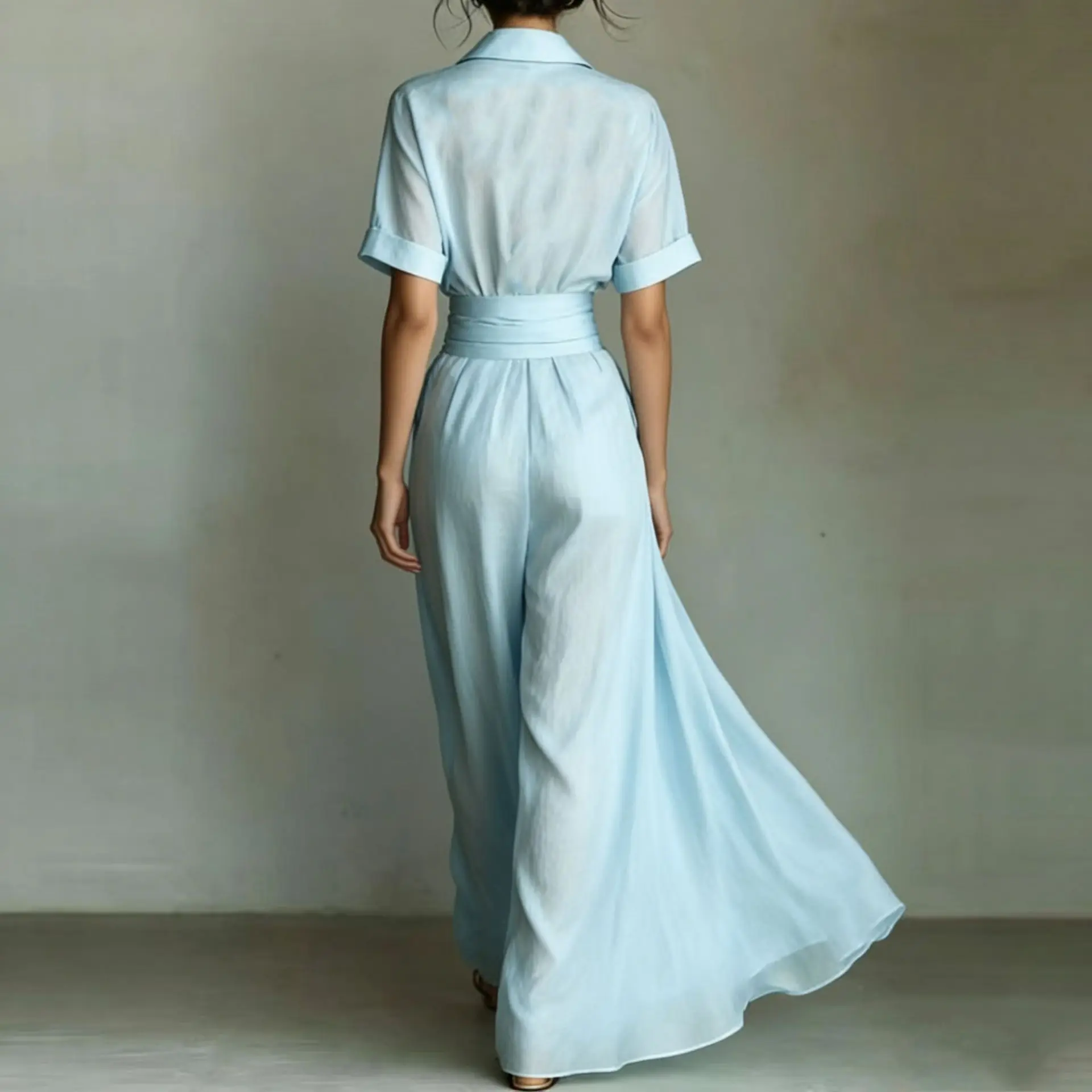 Shirt Style Wrap Waist Maxi Dress Lapel Short Sleeve Tie Waist Flowy Casual Vacation Sundress