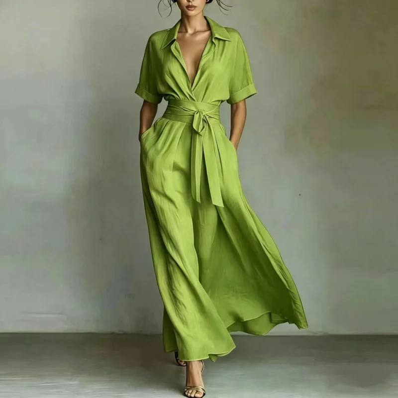 Shirt Style Wrap Waist Maxi Dress Lapel Short Sleeve Tie Waist Flowy Casual Vacation Sundress