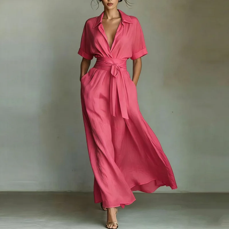 Shirt Style Wrap Waist Maxi Dress Lapel Short Sleeve Tie Waist Flowy Casual Vacation Sundress