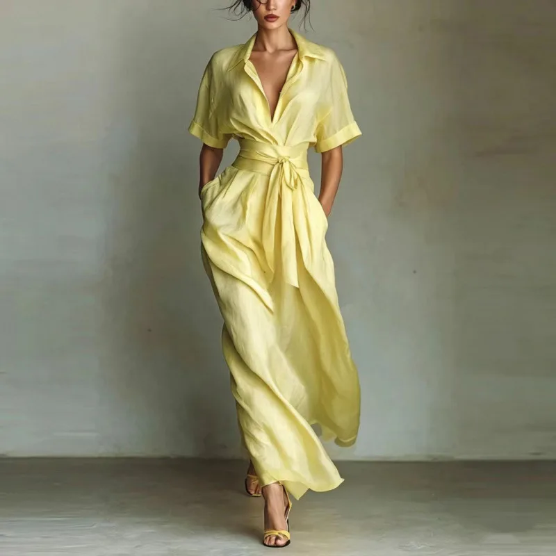Shirt Style Wrap Waist Maxi Dress Lapel Short Sleeve Tie Waist Flowy Casual Vacation Sundress