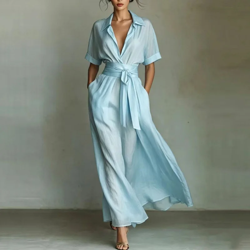 Shirt Style Wrap Waist Maxi Dress Lapel Short Sleeve Tie Waist Flowy Casual Vacation Sundress