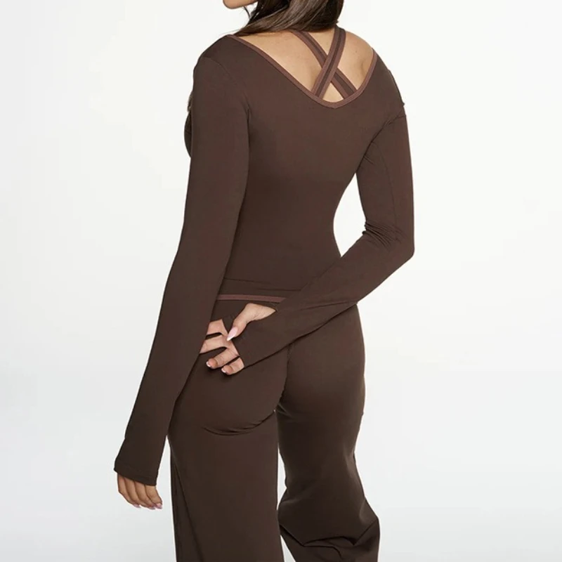 Matching 3 Piece Set Women Fall 2025 Cross-Strap Tank & V-Neck Long-Sleeve Top & Straight-Leg Pants Three-Piece Sporty Suit