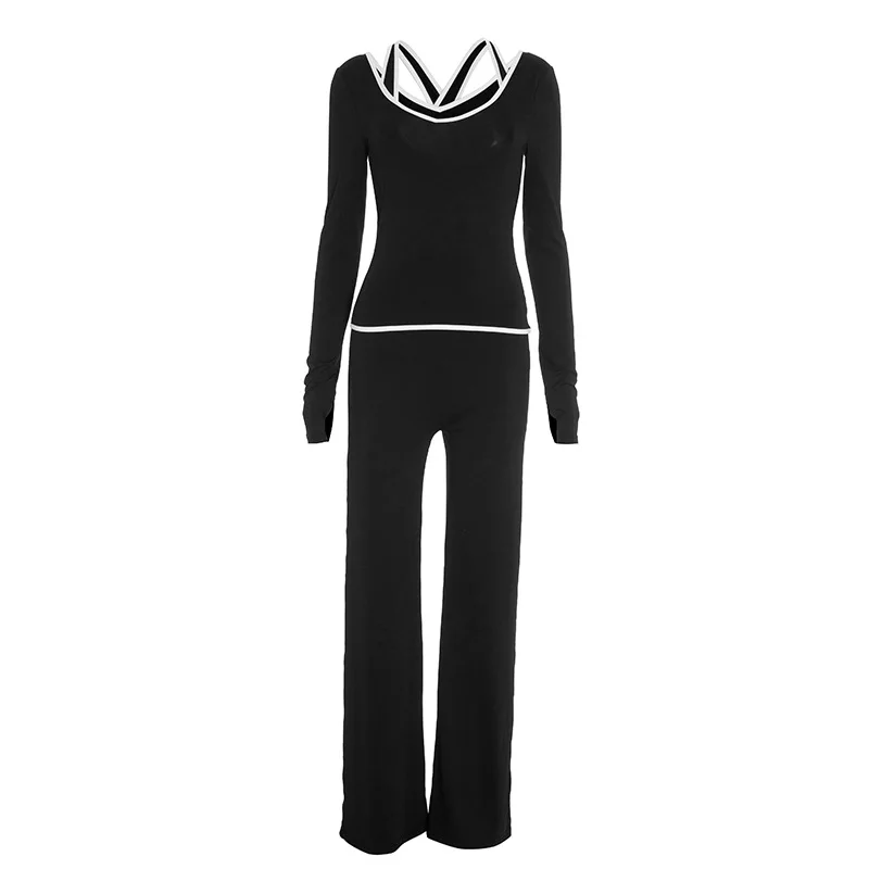 Matching 3 Piece Set Women Fall 2025 Cross-Strap Tank & V-Neck Long-Sleeve Top & Straight-Leg Pants Three-Piece Sporty Suit