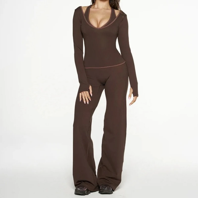 Matching 3 Piece Set Women Fall 2025 Cross-Strap Tank & V-Neck Long-Sleeve Top & Straight-Leg Pants Three-Piece Sporty Suit