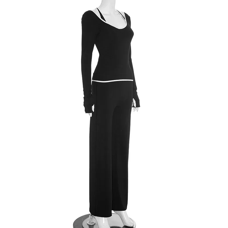 Matching 3 Piece Set Women Fall 2025 Cross-Strap Tank & V-Neck Long-Sleeve Top & Straight-Leg Pants Three-Piece Sporty Suit