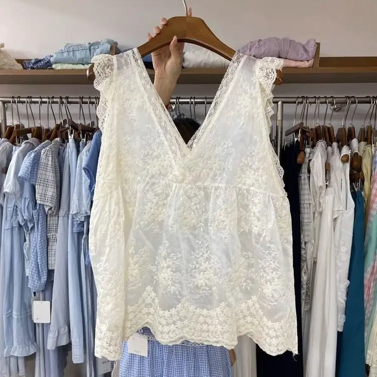 Sexy Lace Jacquard Embroidery Vest New Sweet Elegant Ruffles Women Clothing Slim Trendy French Style Casual Fairy Tanks