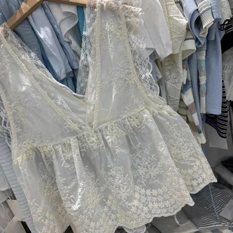 Sexy Lace Jacquard Embroidery Vest New Sweet Elegant Ruffles Women Clothing Slim Trendy French Style Casual Fairy Tanks