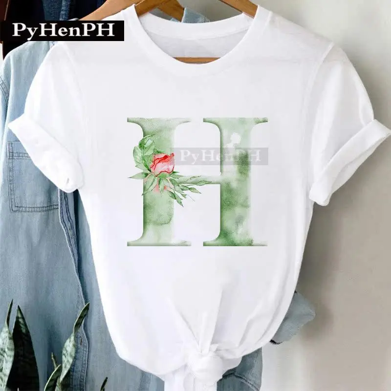26 Alphabet Tshirt Personalized Watercolor Letter Print Women's Summer T-shirt Short Sleeve White Everything Tops Harajuku