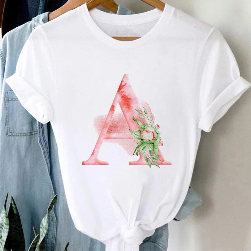 26 Alphabet Tshirt Personalized Watercolor Letter Print Women's Summer T-shirt Short Sleeve White Everything Tops Harajuku