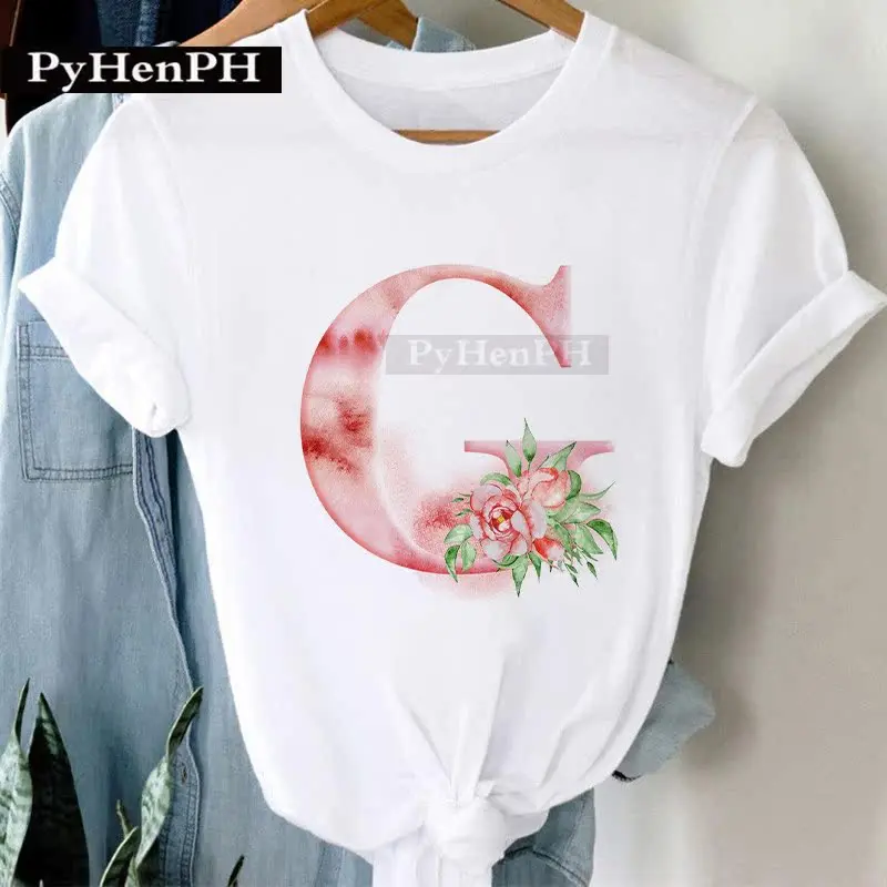 26 Alphabet Tshirt Personalized Watercolor Letter Print Women's Summer T-shirt Short Sleeve White Everything Tops Harajuku