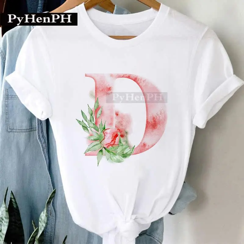 26 Alphabet Tshirt Personalized Watercolor Letter Print Women's Summer T-shirt Short Sleeve White Everything Tops Harajuku