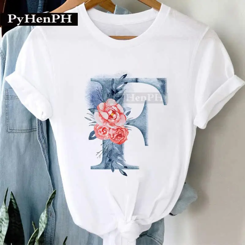 26 Alphabet Tshirt Personalized Watercolor Letter Print Women's Summer T-shirt Short Sleeve White Everything Tops Harajuku