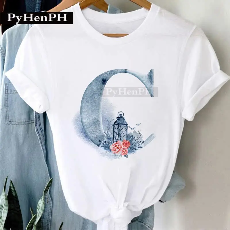 26 Alphabet Tshirt Personalized Watercolor Letter Print Women's Summer T-shirt Short Sleeve White Everything Tops Harajuku