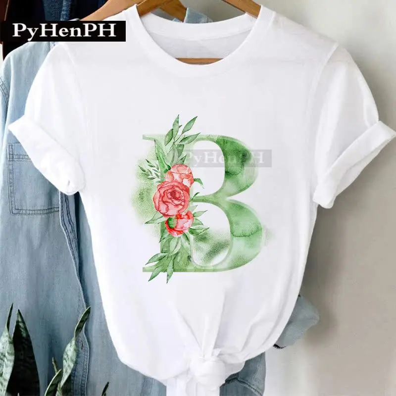 26 Alphabet Tshirt Personalized Watercolor Letter Print Women's Summer T-shirt Short Sleeve White Everything Tops Harajuku
