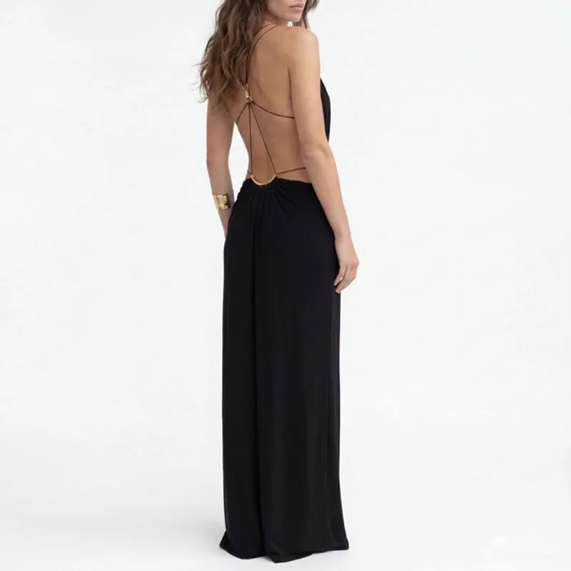Women Elegant Halter Cutout Maxi Dress Sexy Deep V Neck Metal Chain Waist Long Dress Summer Sleeveless Backless Boho Party Dress