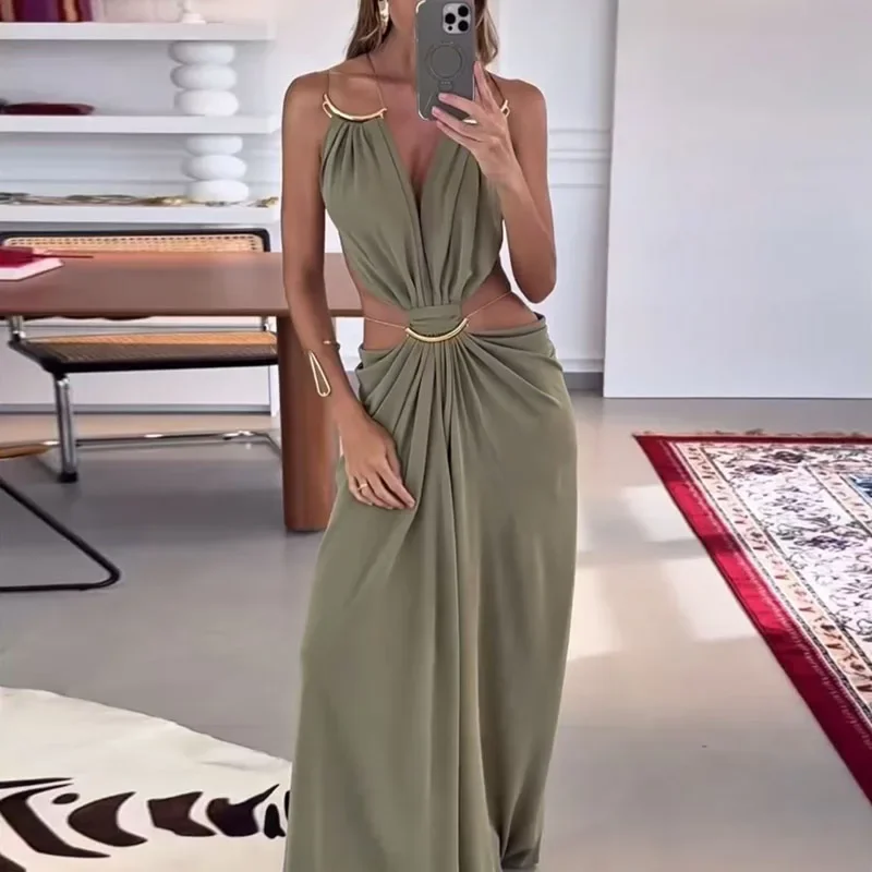 Women Elegant Halter Cutout Maxi Dress Sexy Deep V Neck Metal Chain Waist Long Dress Summer Sleeveless Backless Boho Party Dress