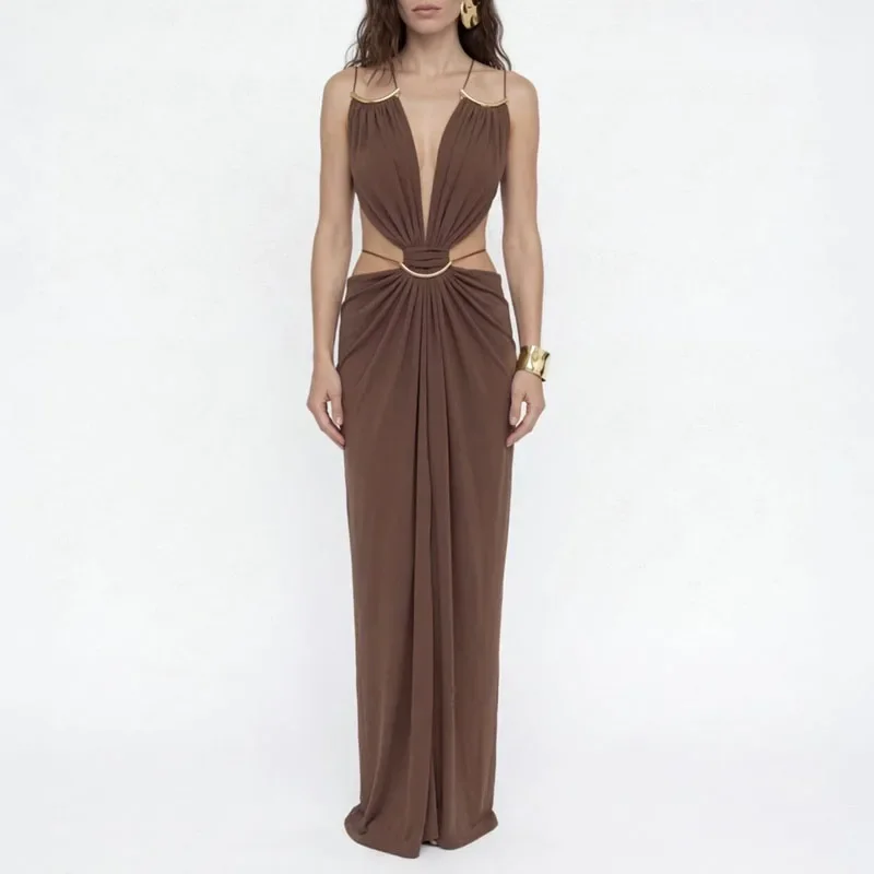 Women Elegant Halter Cutout Maxi Dress Sexy Deep V Neck Metal Chain Waist Long Dress Summer Sleeveless Backless Boho Party Dress