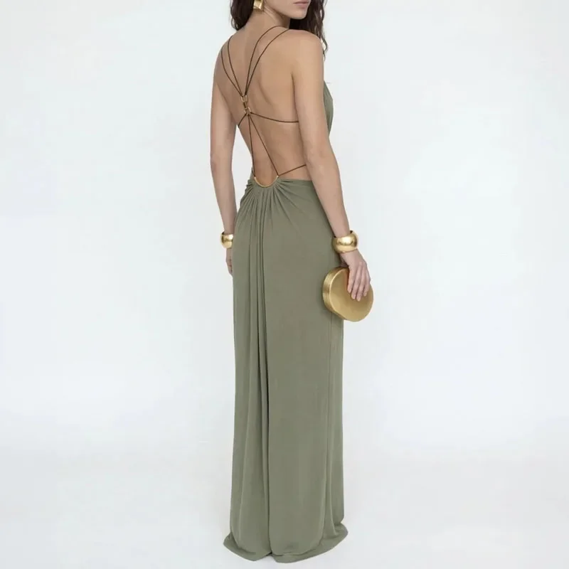 Women Elegant Halter Cutout Maxi Dress Sexy Deep V Neck Metal Chain Waist Long Dress Summer Sleeveless Backless Boho Party Dress