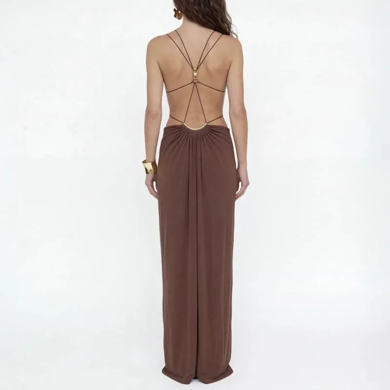 Women Elegant Halter Cutout Maxi Dress Sexy Deep V Neck Metal Chain Waist Long Dress Summer Sleeveless Backless Boho Party Dress