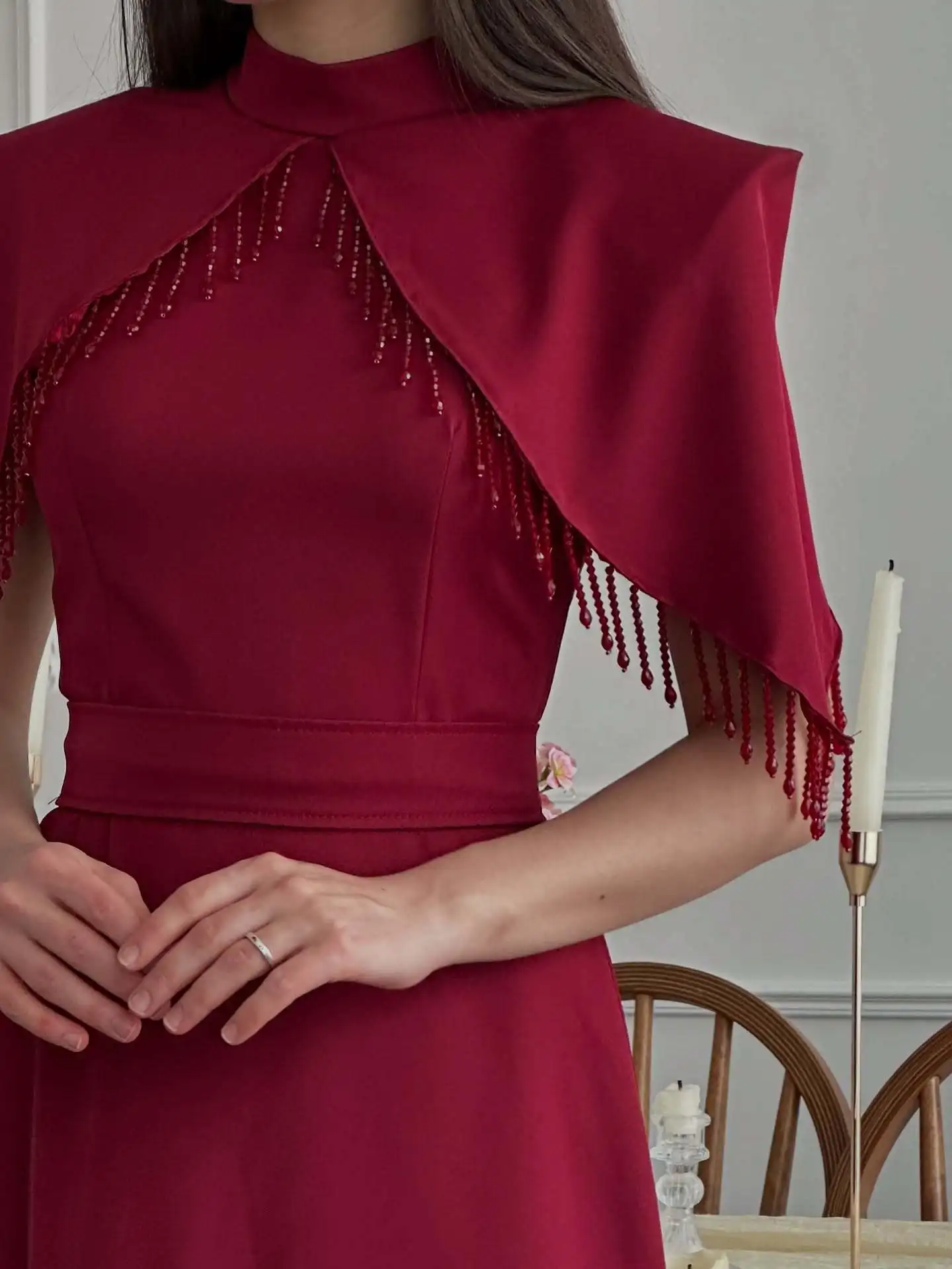 Women's Stand Collar Tassel Shawl Tight Slimming Long Big Hem Dress Elegant Graceful Banquet Date Host Versatile Evening Dress