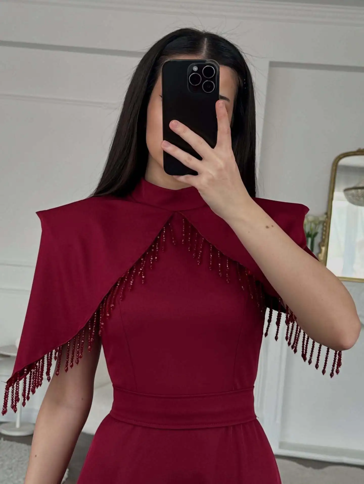 Women's Stand Collar Tassel Shawl Tight Slimming Long Big Hem Dress Elegant Graceful Banquet Date Host Versatile Evening Dress
