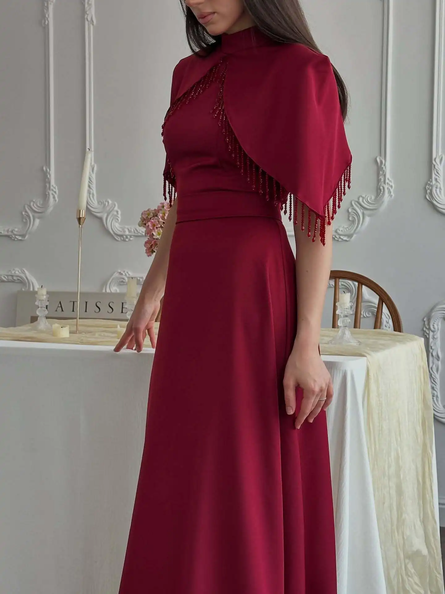 Women's Stand Collar Tassel Shawl Tight Slimming Long Big Hem Dress Elegant Graceful Banquet Date Host Versatile Evening Dress
