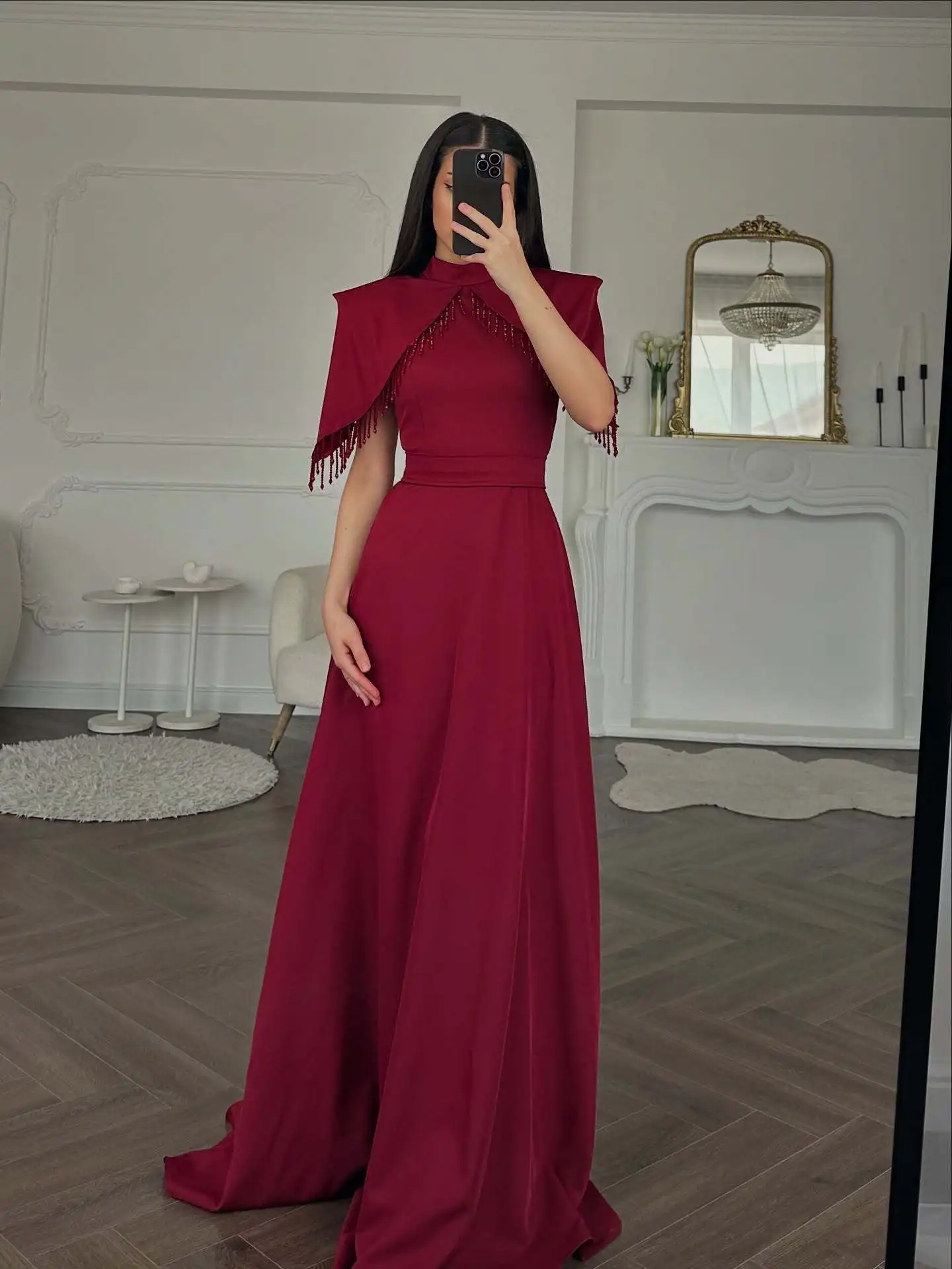 Women's Stand Collar Tassel Shawl Tight Slimming Long Big Hem Dress Elegant Graceful Banquet Date Host Versatile Evening Dress