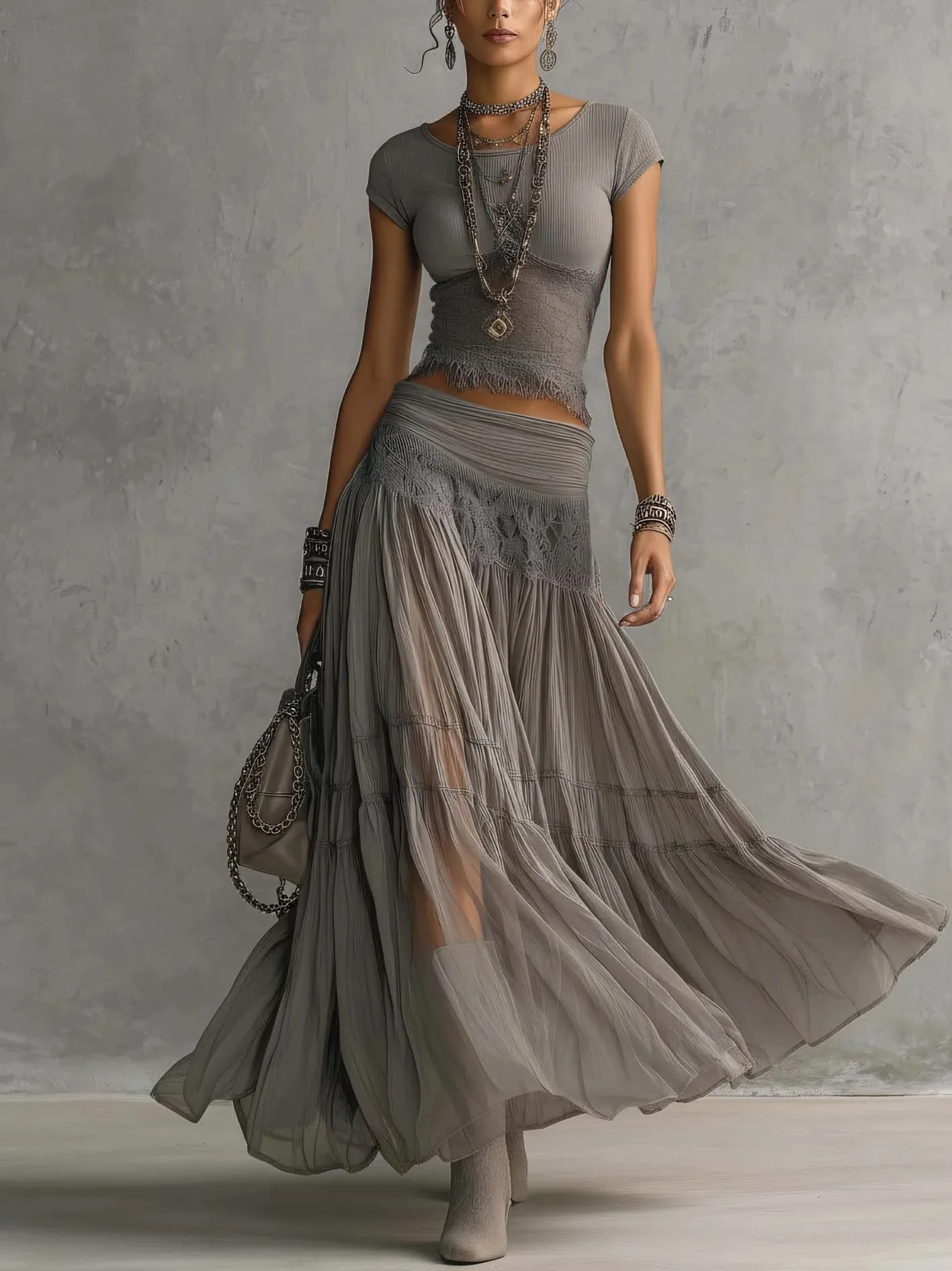 Grey Knitted Top + Chiffon Dress Set, Women's Fashion Elegant Two-piece Set